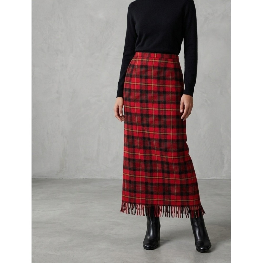 Jaclyn Smith Red Plaid Fringe Wool Blend Maxi Skirt 10
